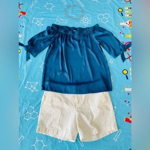 Silky off the shoulder short shirt. Grayish-blue size 6